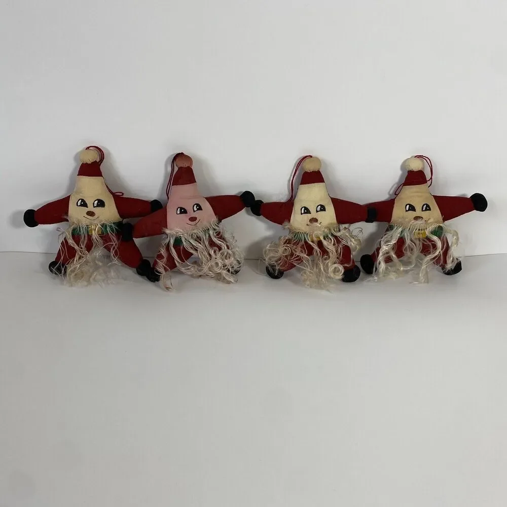 Vintage Christmas Ornaments Fabric Folk art Stuffed Bearded Star Santa Hand Made